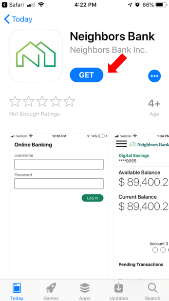 Log-in Screen to Neighbors Bank app